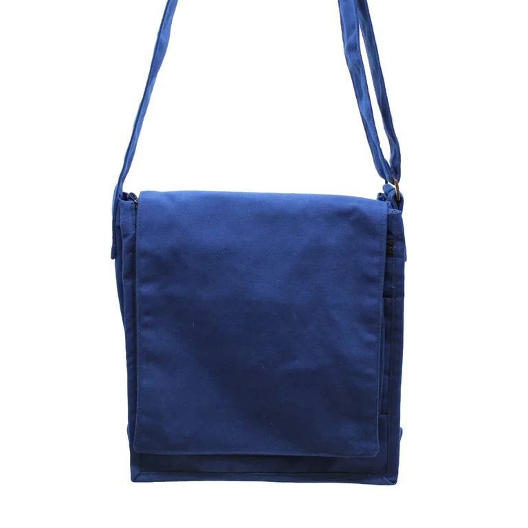 Cotton canvas messenger bag in navy blue, front view showing handle and zippers.