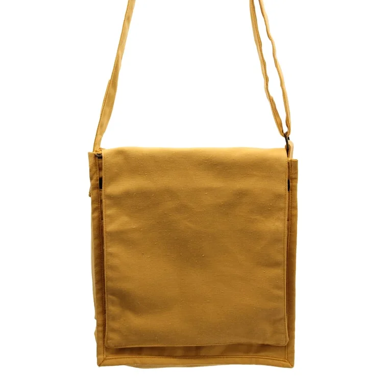 Bright yellow cotton canvas messenger bag displayed front view.