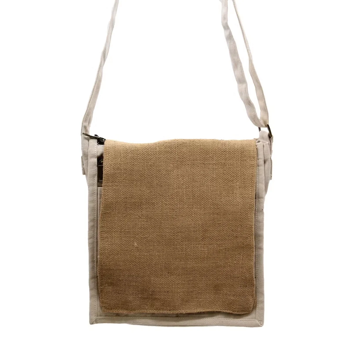 Natural cotton canvas shoulder bag with soft jute material, designed as a messenger bag in neutral tones