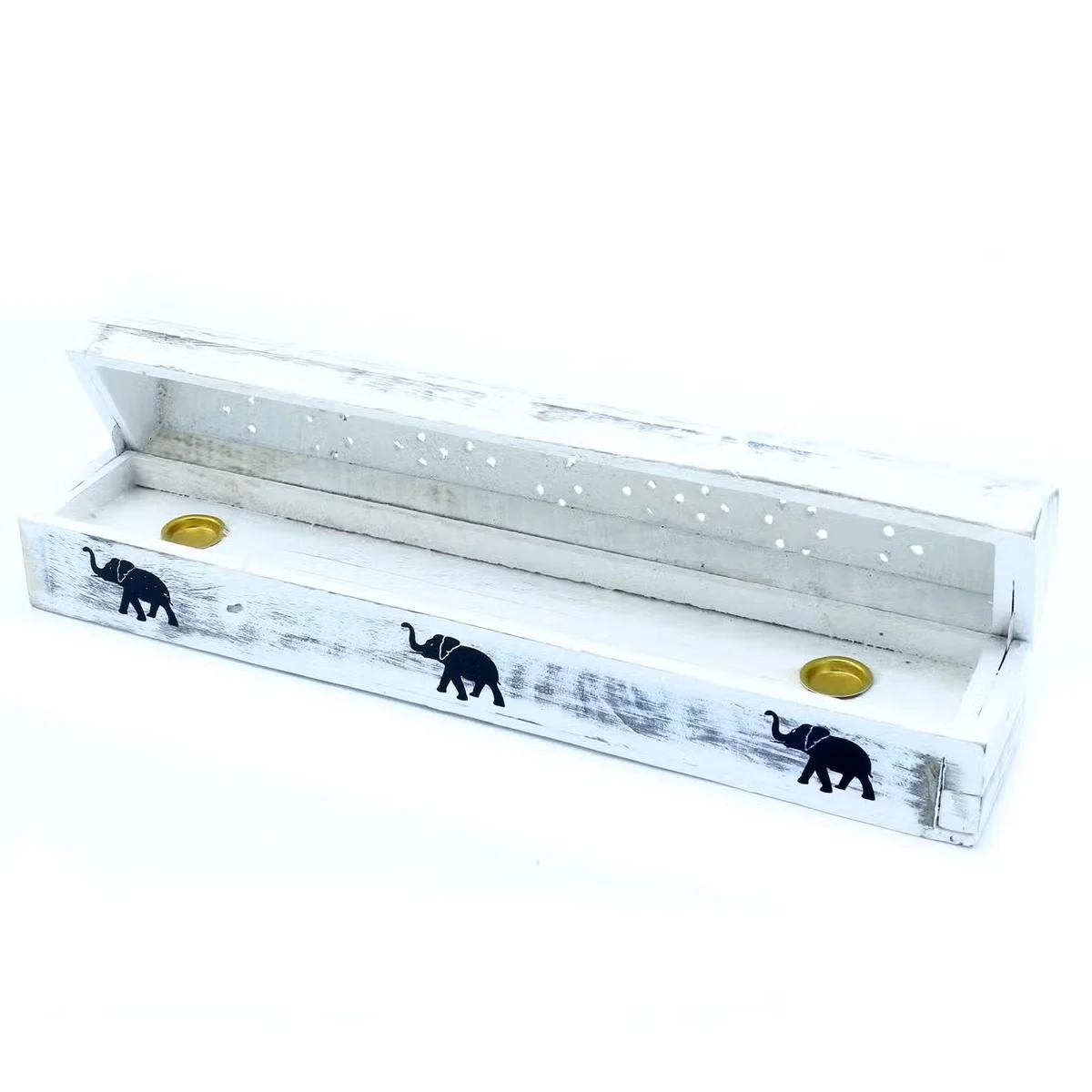 White washed wooden incense burner with a rectangular smoke box design on a white background