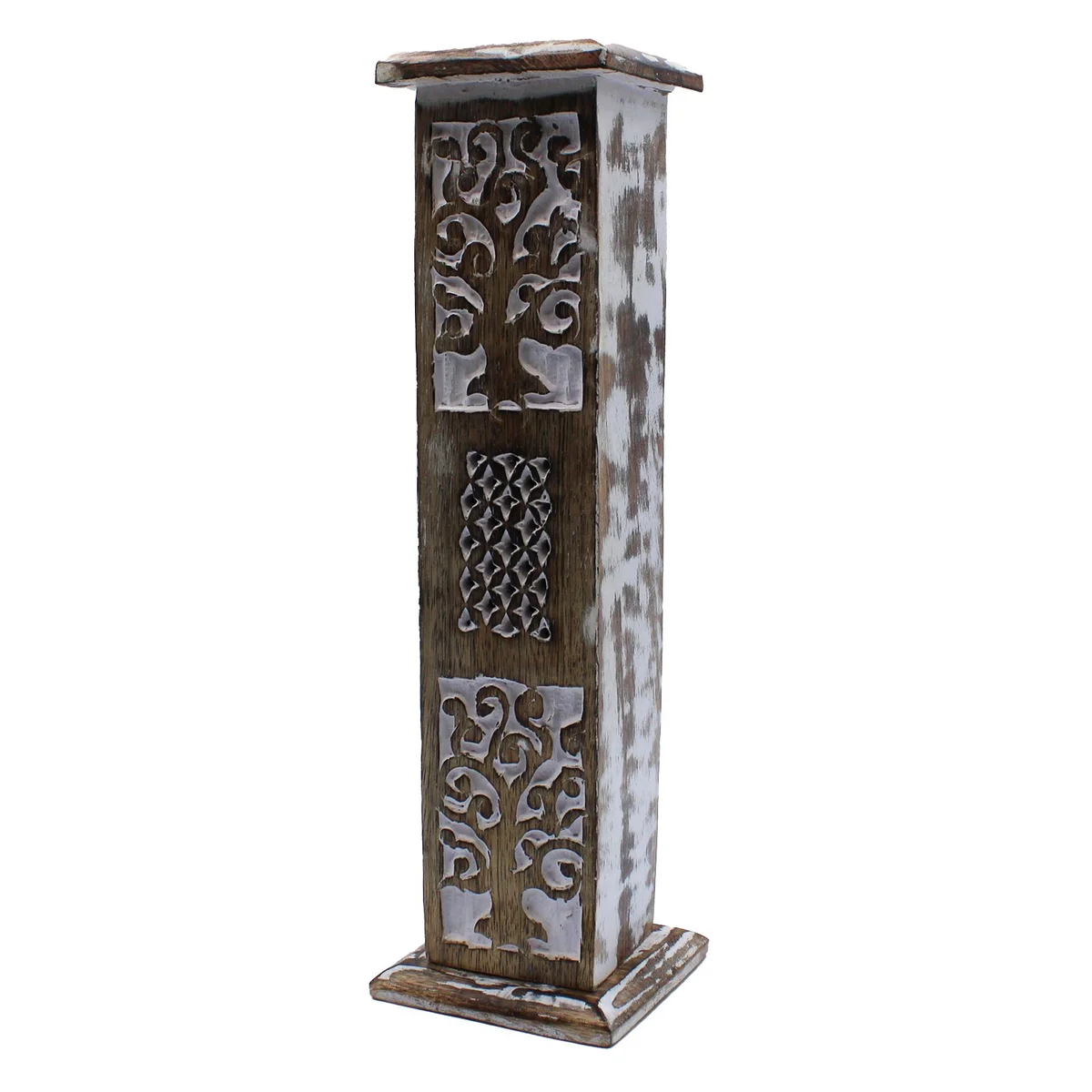 White washed incense holder shaped like a smoke tower with a minimalist design on a plain background