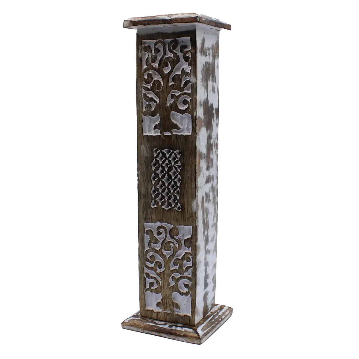 White washed smoke tower incense holder with a minimalist, tower-shaped design on a plain background