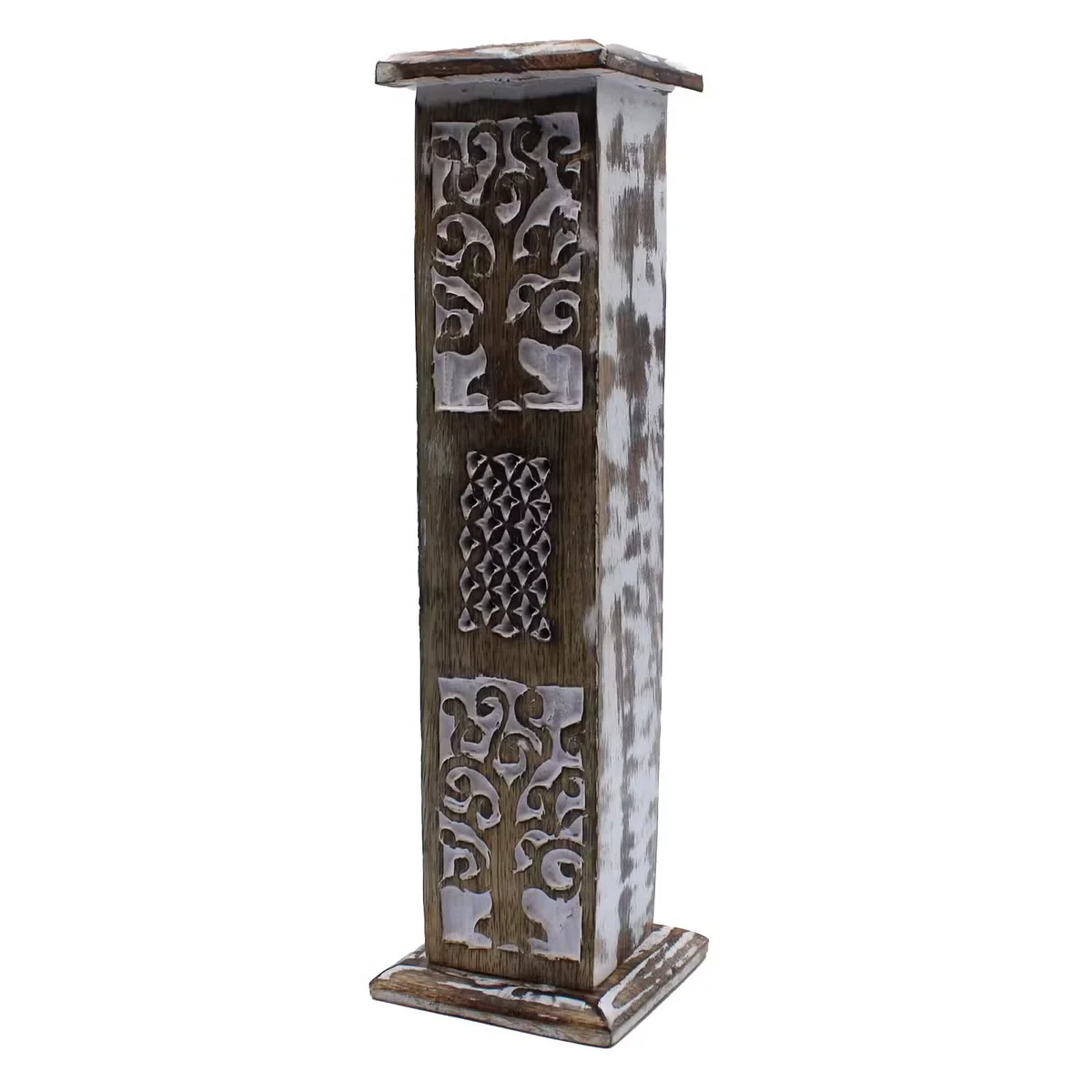 White washed smoke tower incense holder designed as a home incense burner on a plain background