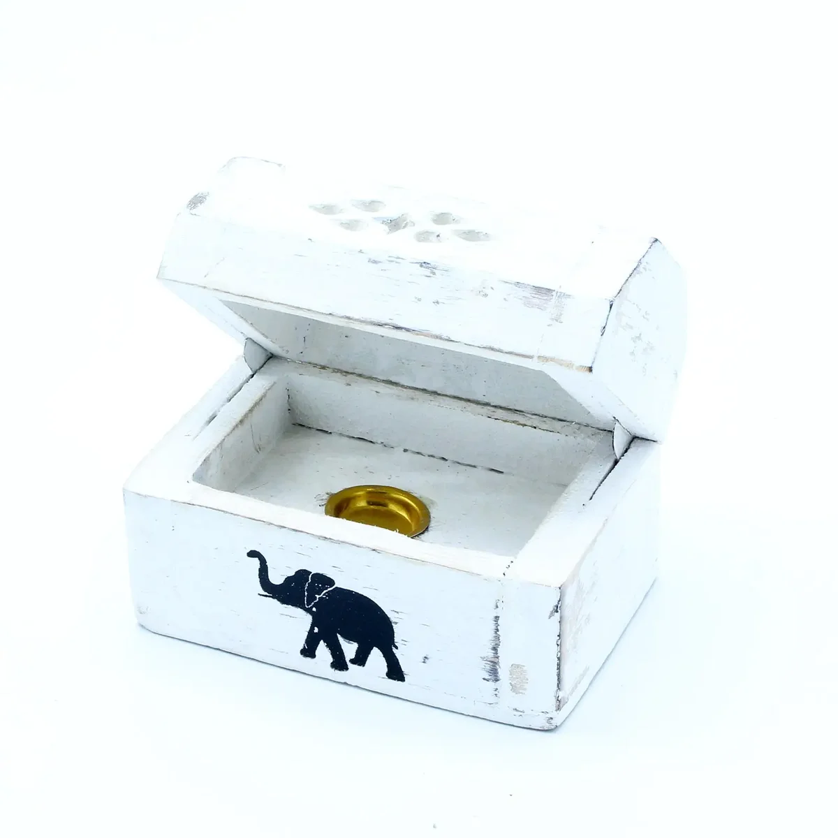 White washed cone incense holder smoke box 8 cm on plain background for burning cone incense safely
