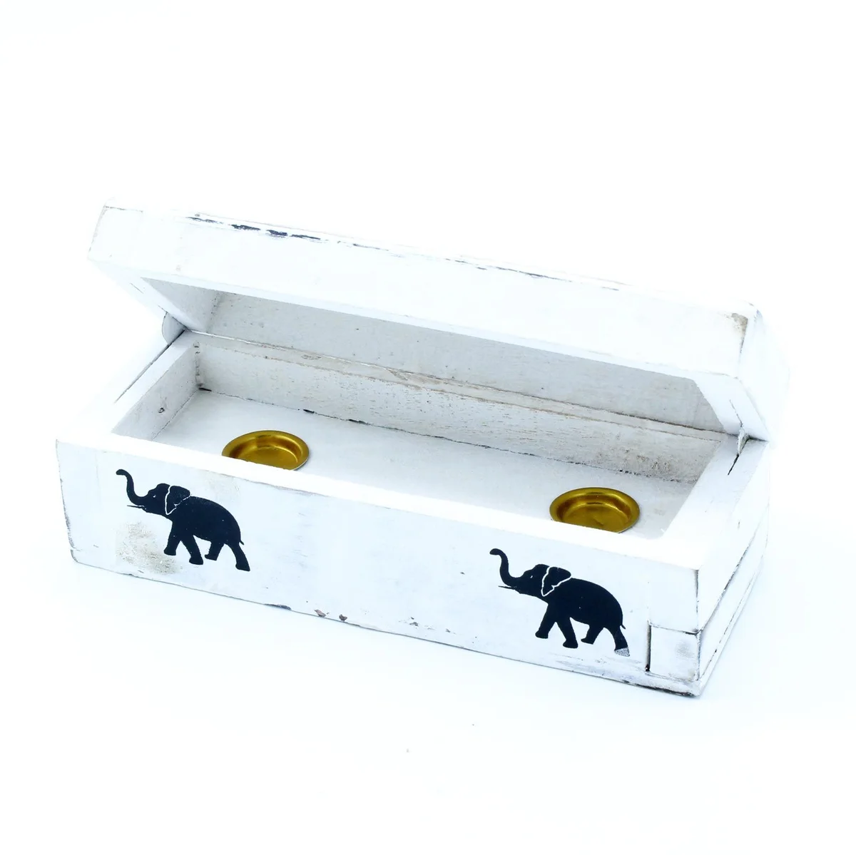 White washed incense holder cone smoke box 15 cm on plain background for burning incense cones