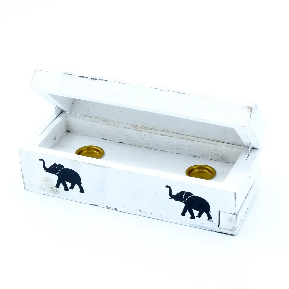 White washed cone incense holder 15 cm long with smoke box for burning incense cones