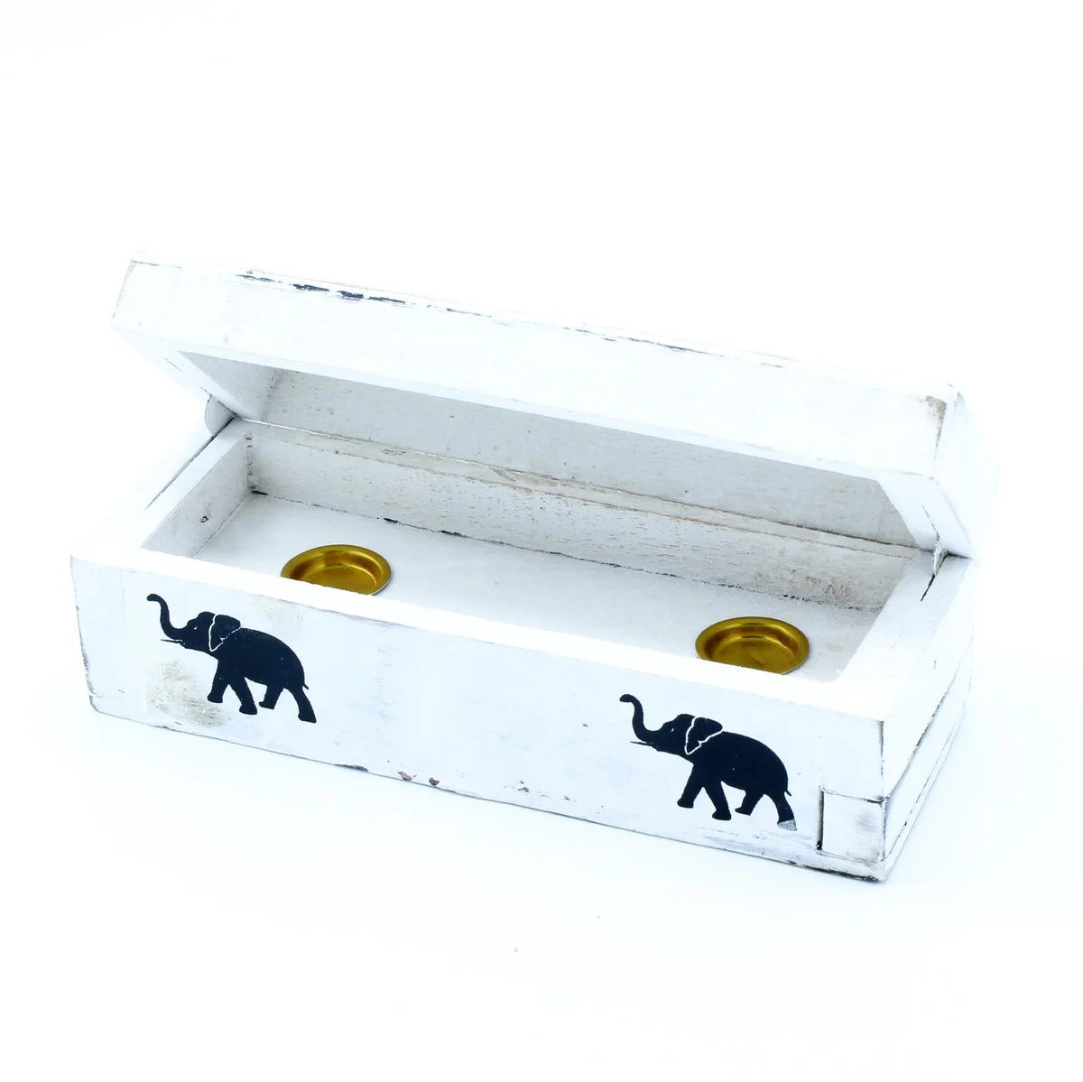 White washed smoke box incense holder 15 cm with cone incense burning, releasing smoke against a plain background