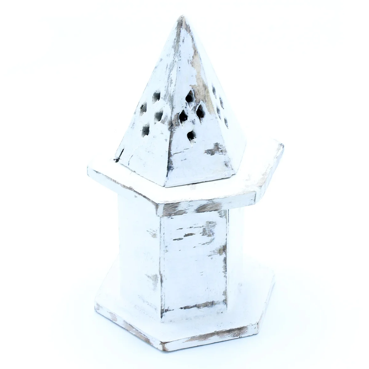 White washed pyramid-shaped mini house incense holder with smooth finish and small incense stick slot on top