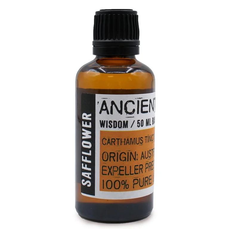 Safflower oil 50ml in a clear glass bottle with black label