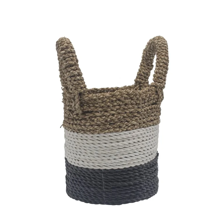 Seagrass basket set in dark grey, white, and natural tones, stylish storage solution.