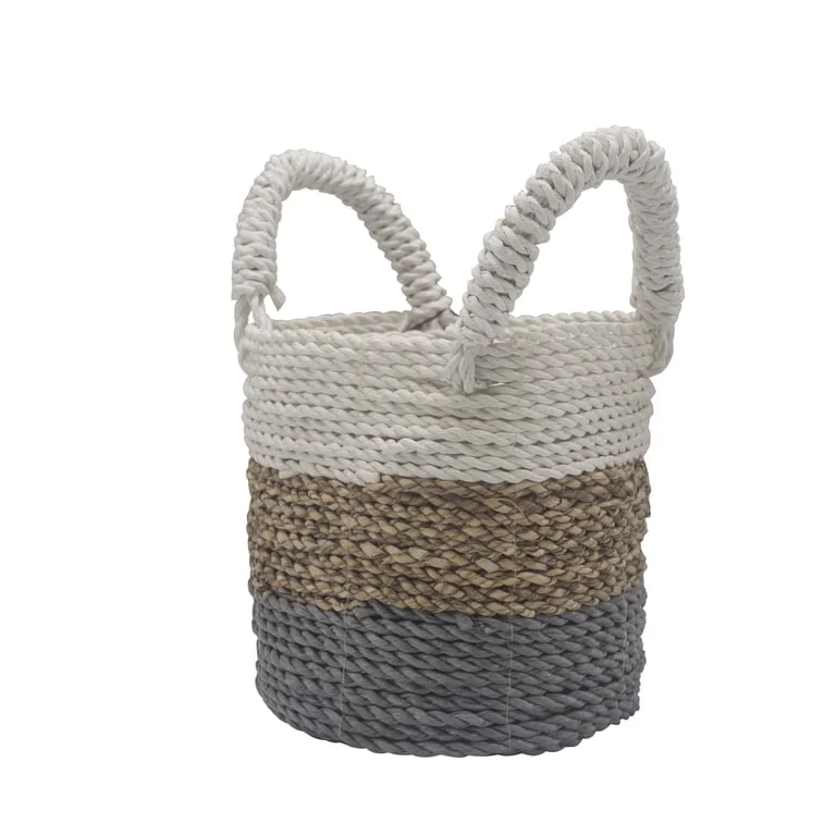 Seagrass basket set in grey, natural and white, showcased on a light background.