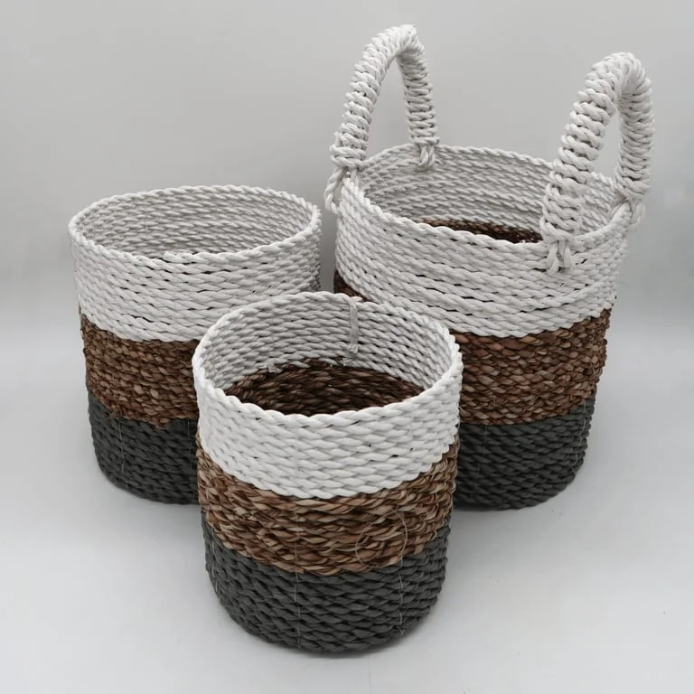 Seagrass basket set featuring grey natural baskets and white