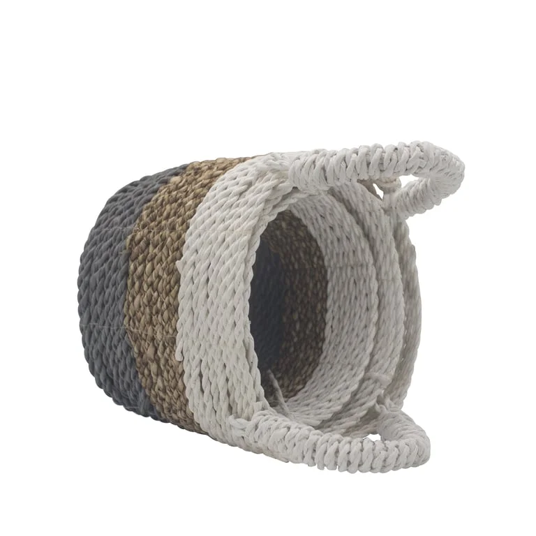 Woven basket set in seagrass, featuring grey, natural, and white baskets displayed together