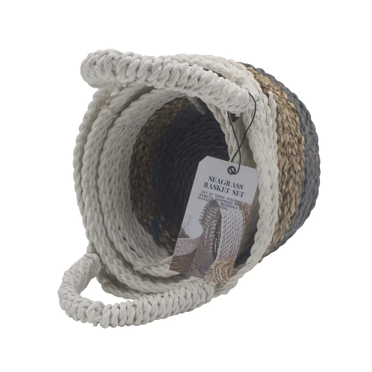 Set of seagrass variety home storage baskets in grey, natural, and white colors