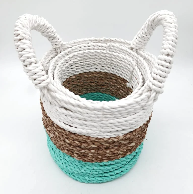 Green, natural and white seagrass baskets set, perfect natural storage baskets for home décor.