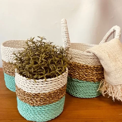 Woven basket set of green and natural seagrass baskets
