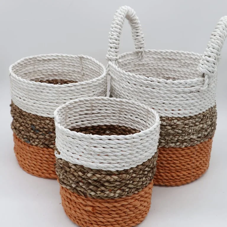 Orange seagrass basket set with natural and white baskets