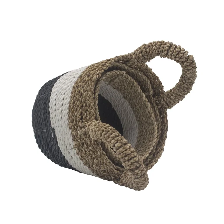 Decorative seagrass baskets in orange, natural and white styles.