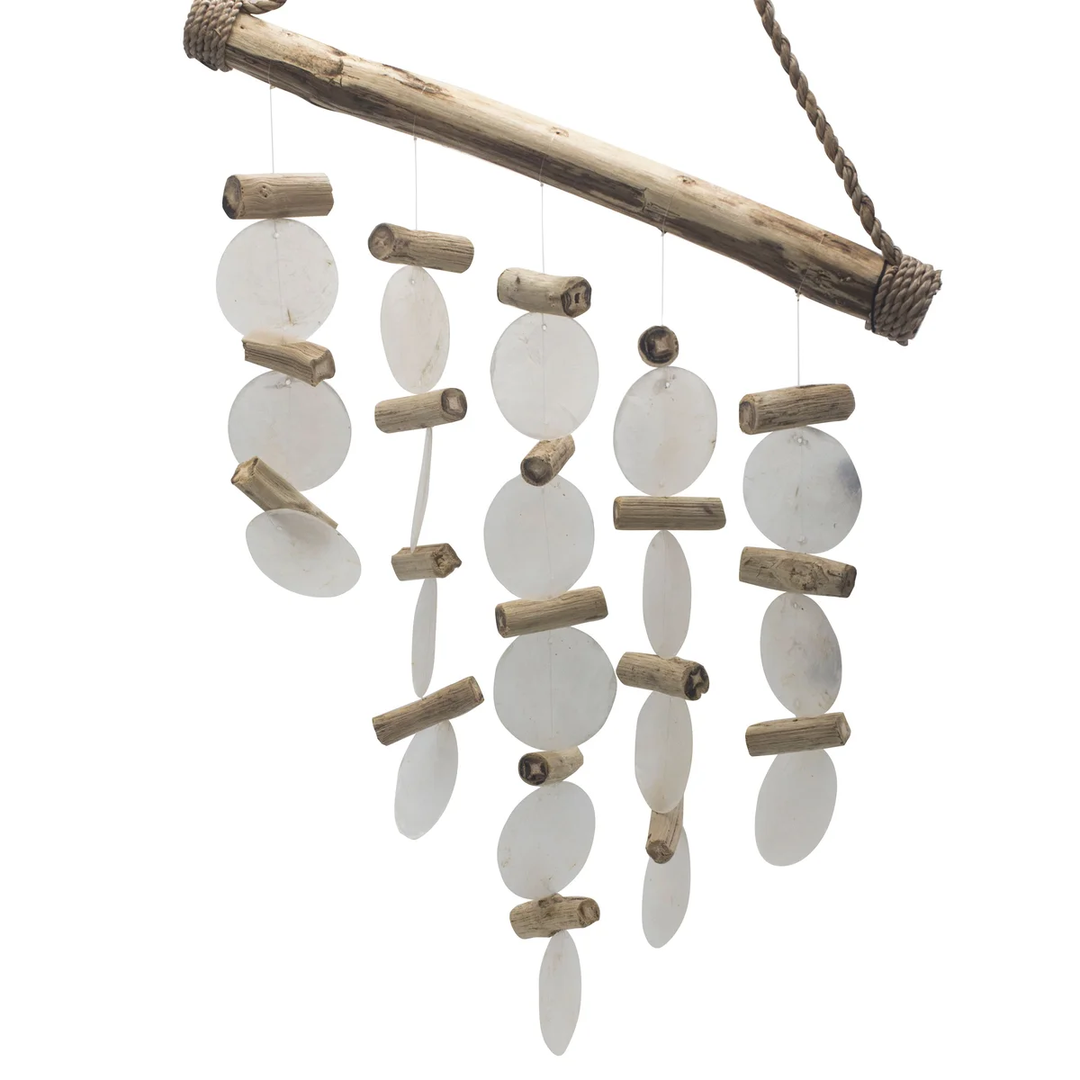 Pearl effect wind chime featuring driftwood pieces hanging vertically on strings against a white background
