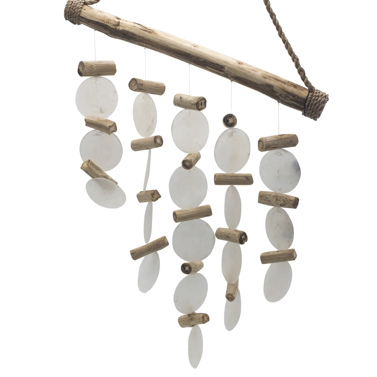 Pearl effect driftwood decorative garden chime hanging outdoors with natural wood pieces and white beads