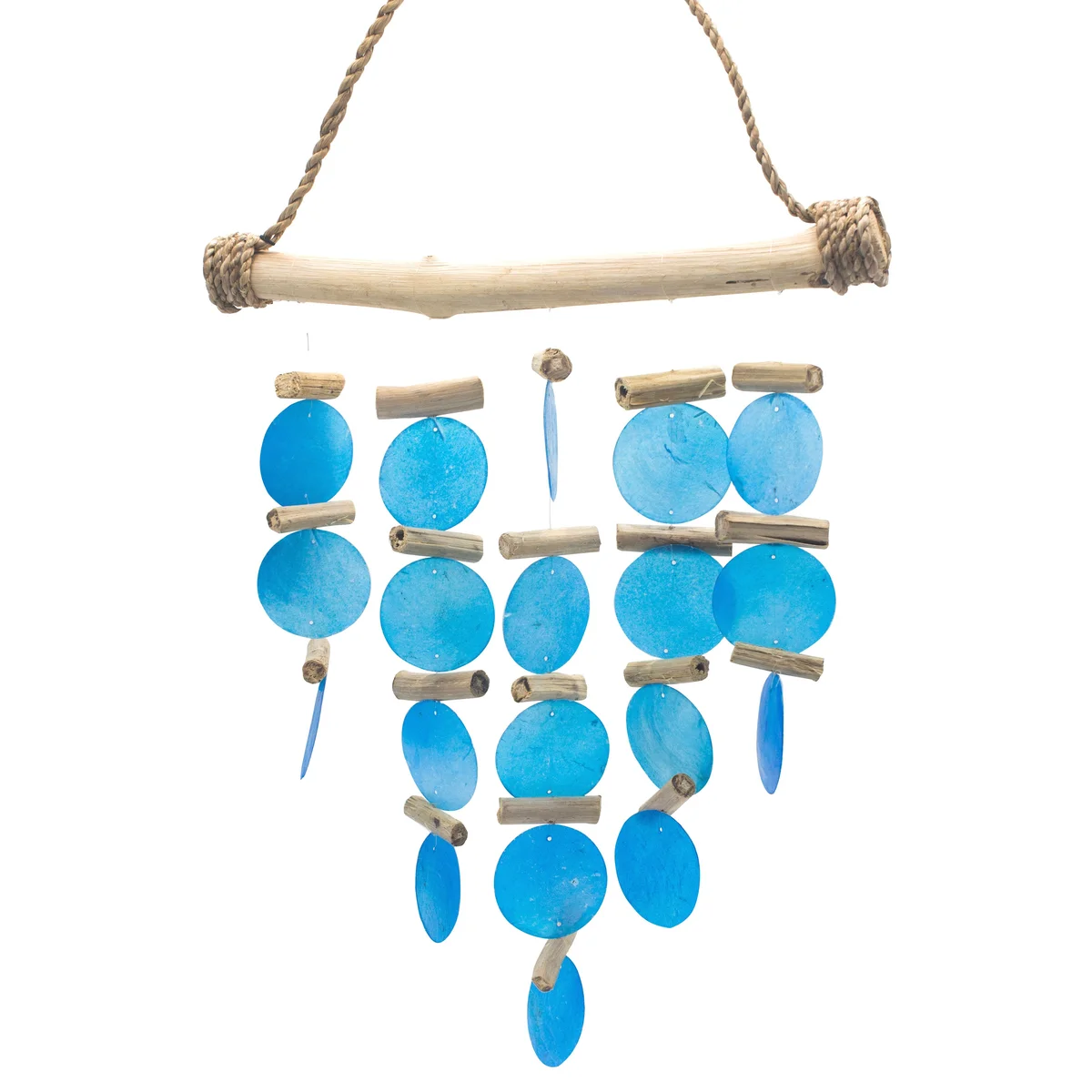 Blue driftwood chime with natural wood pieces hanging vertically on strings against a white background