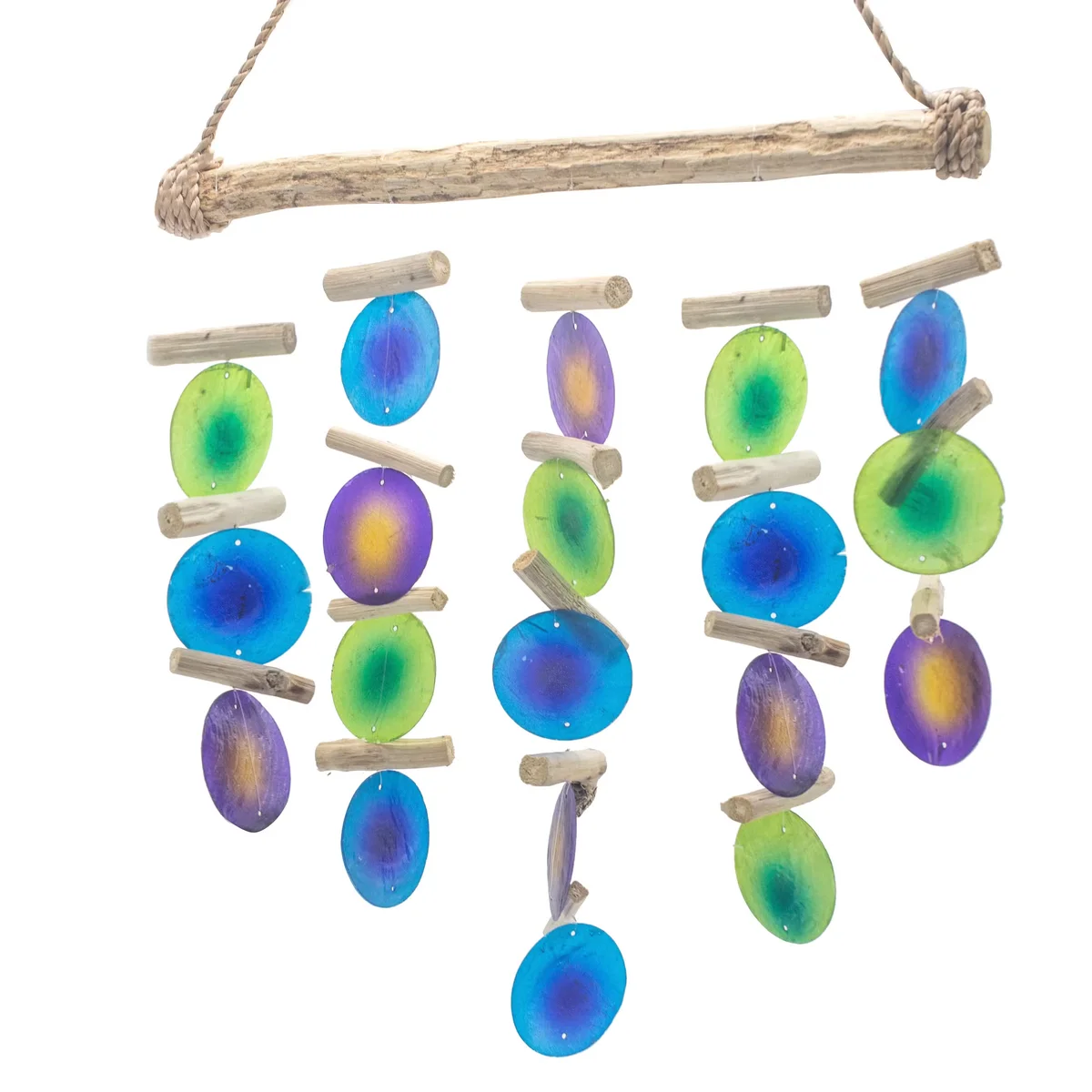 Green and purple colourful driftwood chime hanging with natural wood pieces and vibrant painted accents