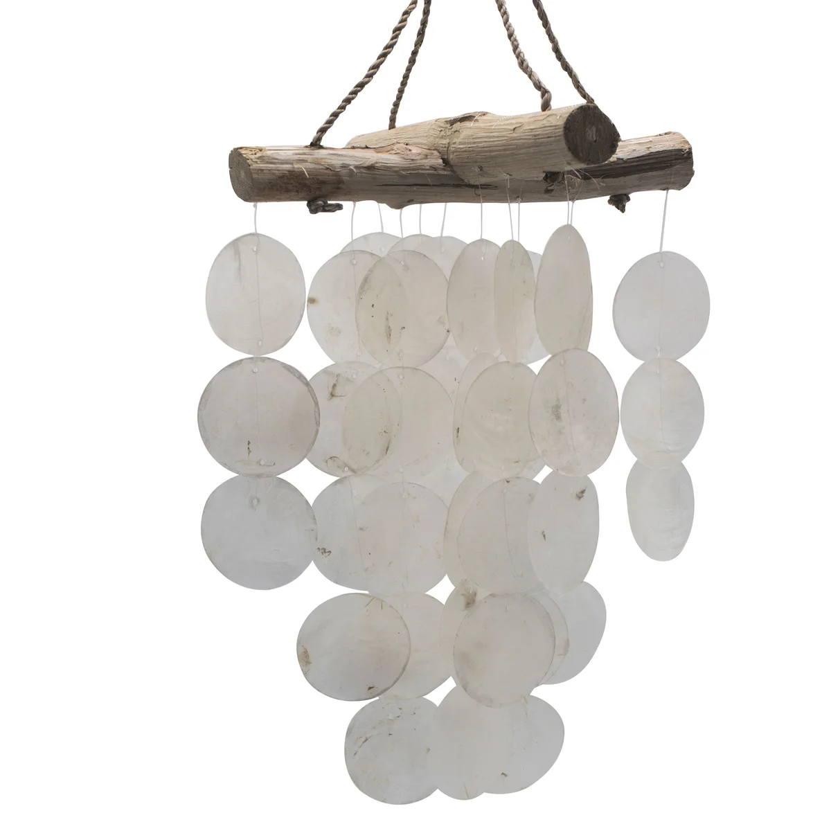 Driftwood cross chime with pearl effect beads hanging on natural driftwood pieces against white background