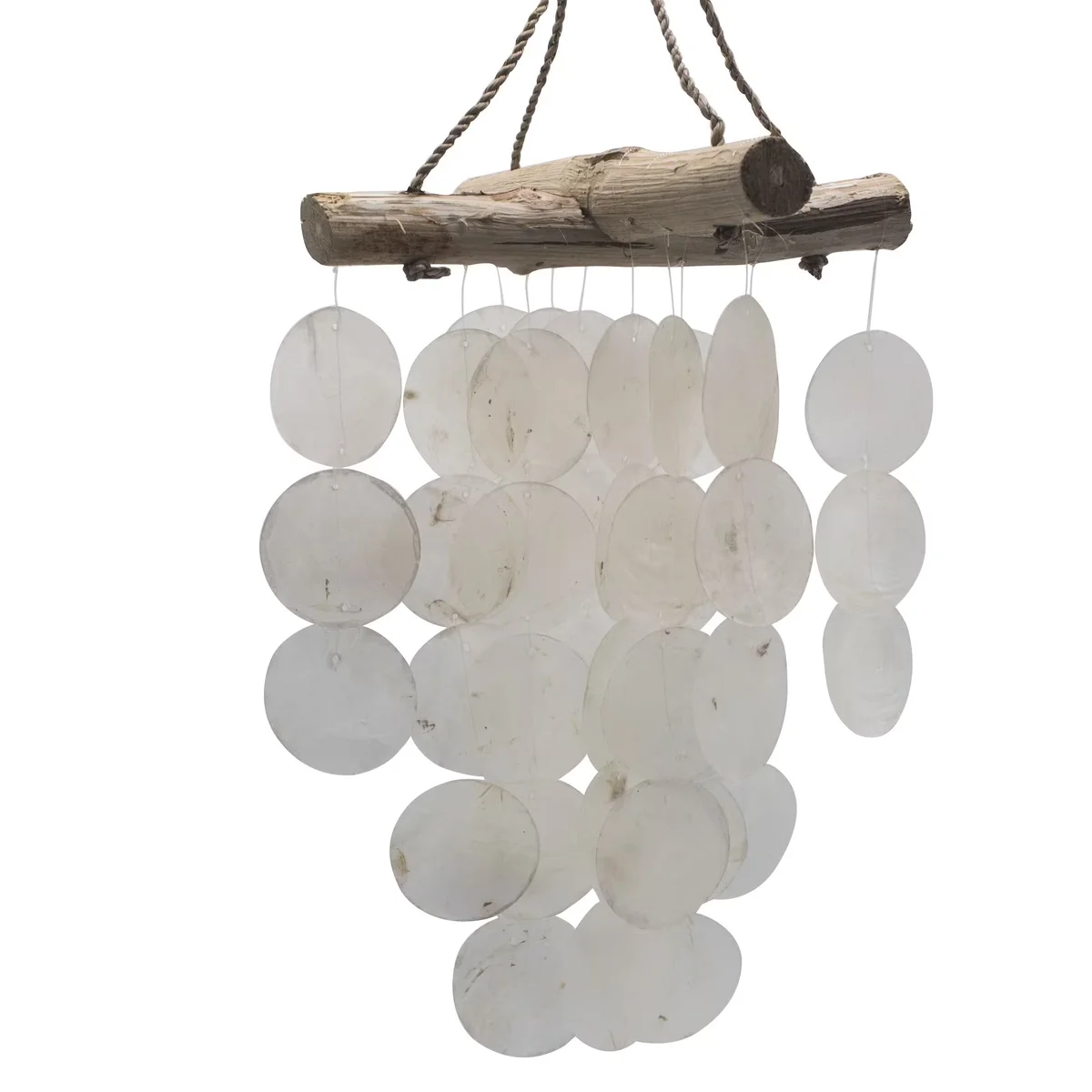 Pearl effect and driftwood cross decorative garden chime hanging outdoors against a neutral background