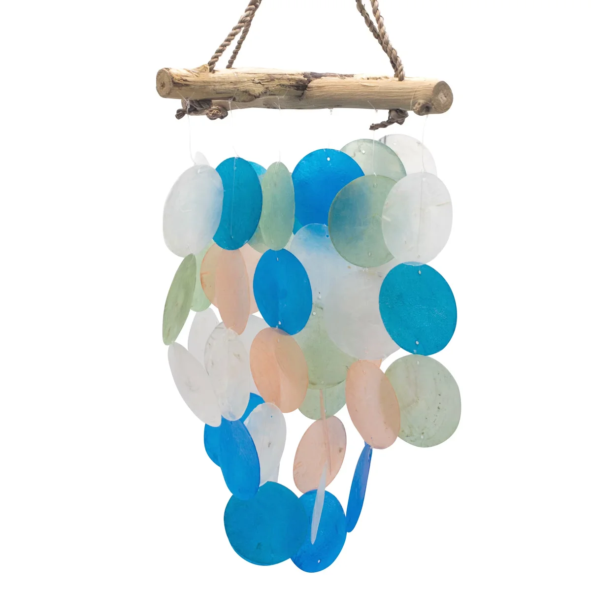 Blue and pearl driftwood cross decorative garden chime hanging outdoors with natural wood and beads