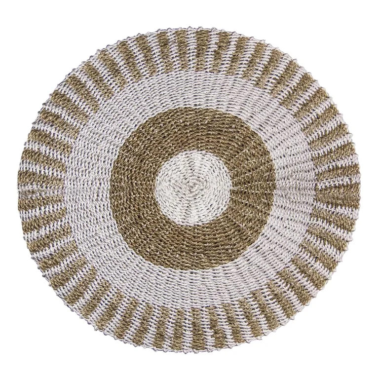 Round seagrass basket in white and tan, 1m sun style, natural woven texture