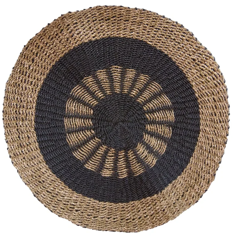 Round seagrass basket in black and tan, Inner Sun style, 1m in length