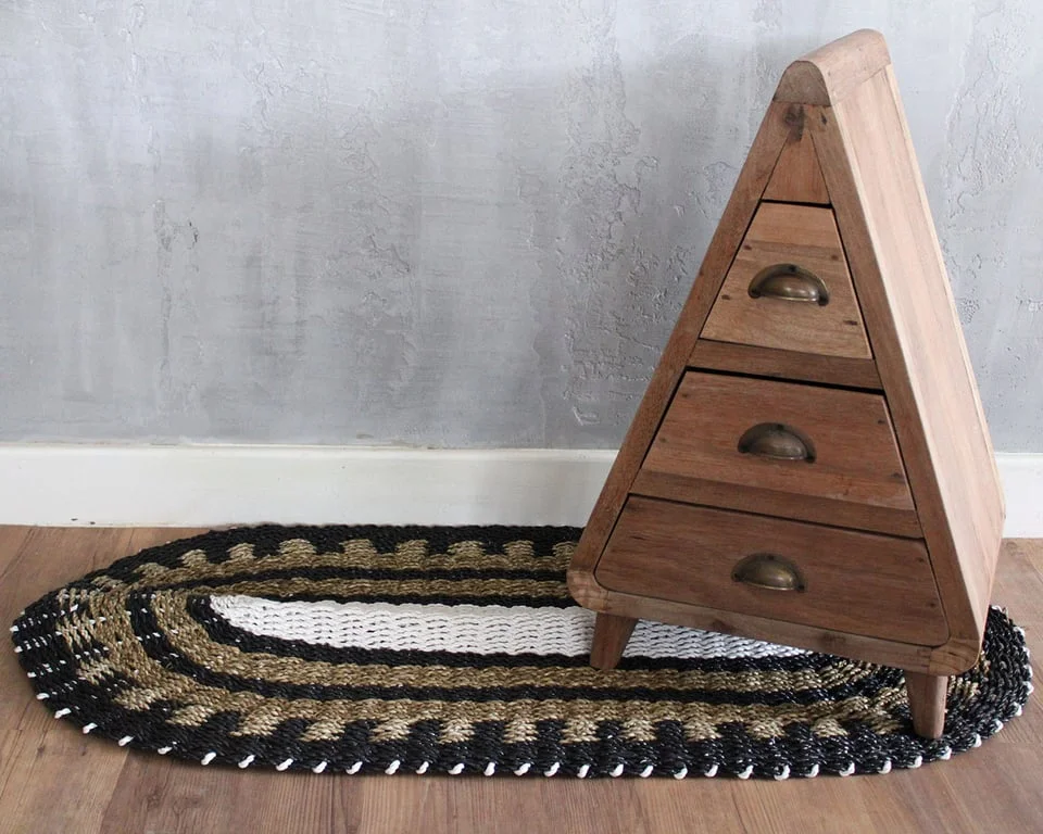 Oval storage basket in black, white and tan seagrass, classic style, 60x120cm