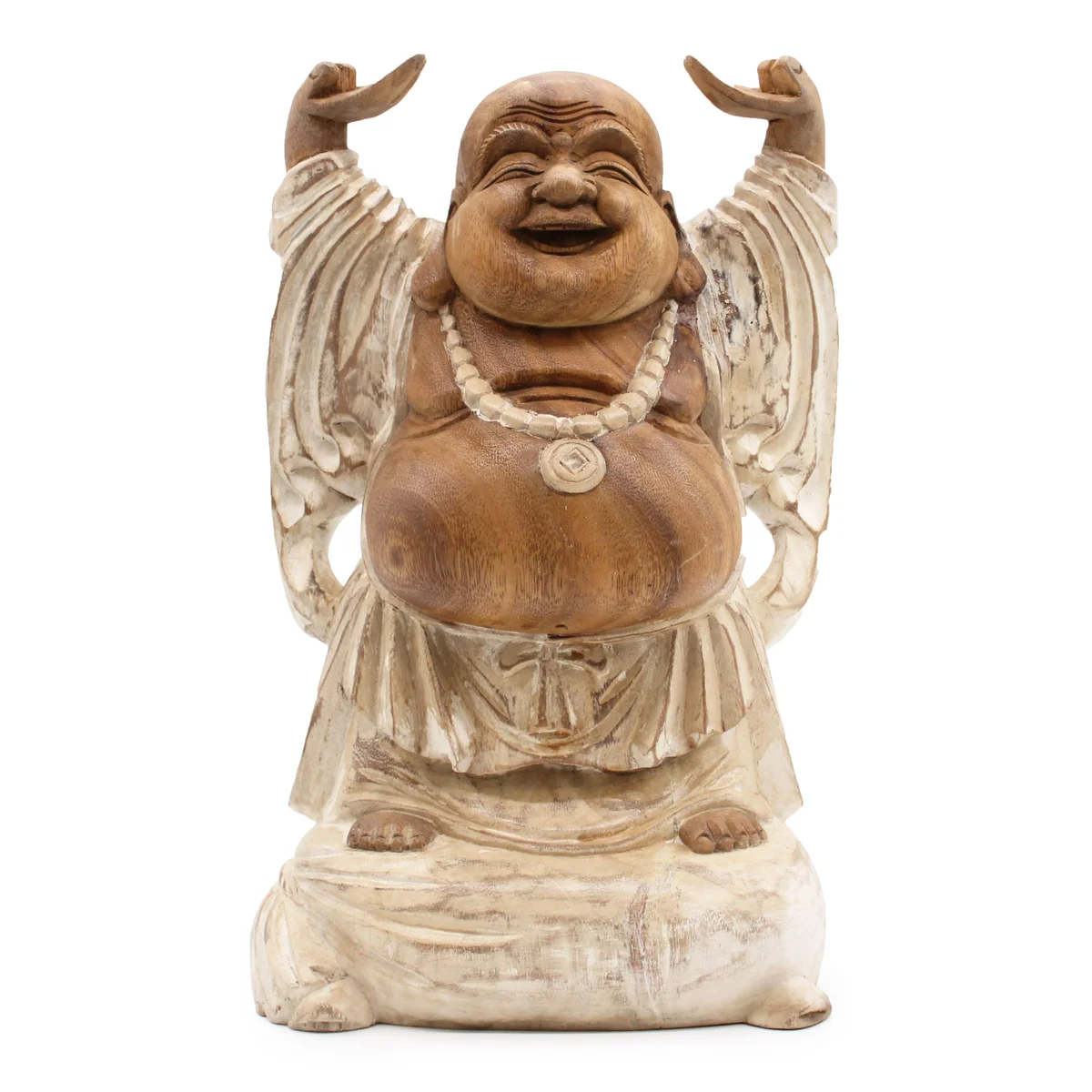 Whitewash Buddha figurine with happy expression, hands raised upright, 40 cm tall.