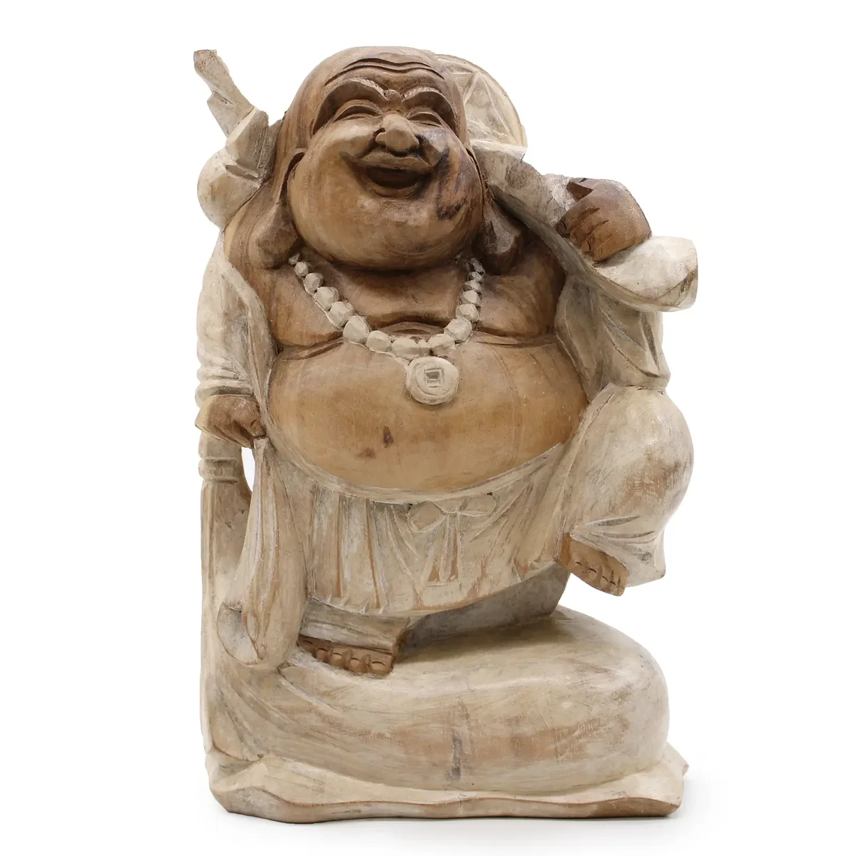 Whitewashed wooden Buddha figure sitting happily, 30cm tall, with smooth carved details and natural wood texture