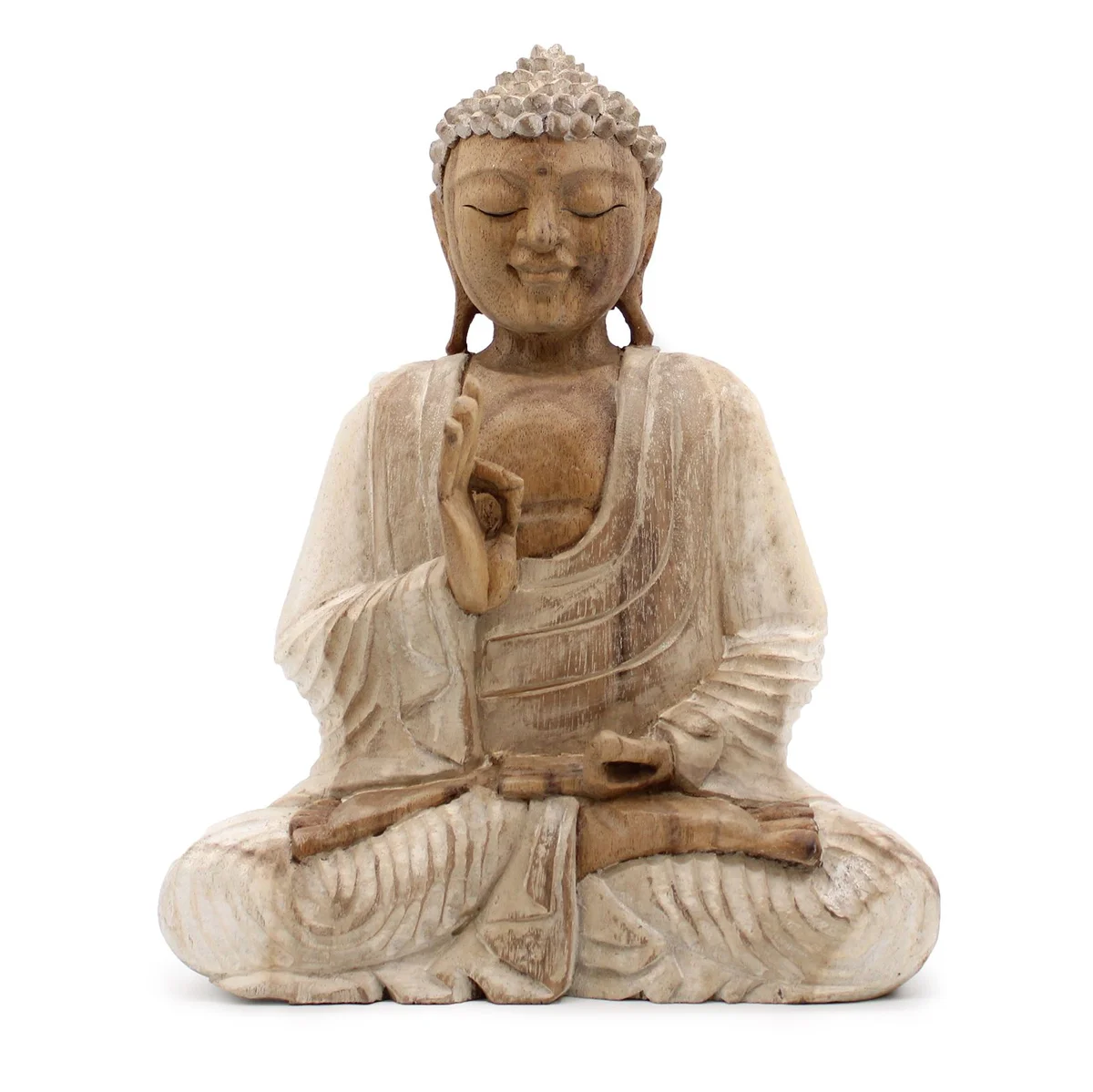 Whitewashed Buddha statue 30cm sitting in teaching transmission pose with detailed facial features and robes