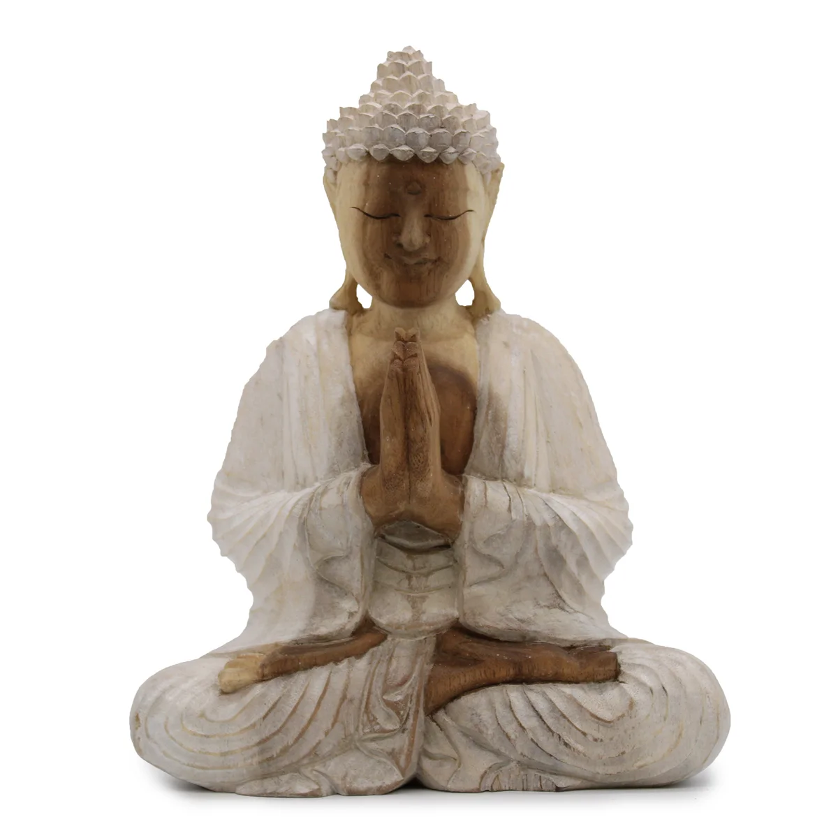 White Buddha figurine, 30cm tall, seated in a serene pose on a simple base.