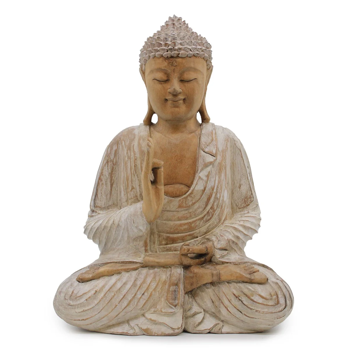 Whitewash Buddha statue 40cm showing teaching transmission pose with detailed serene facial features and seated posture