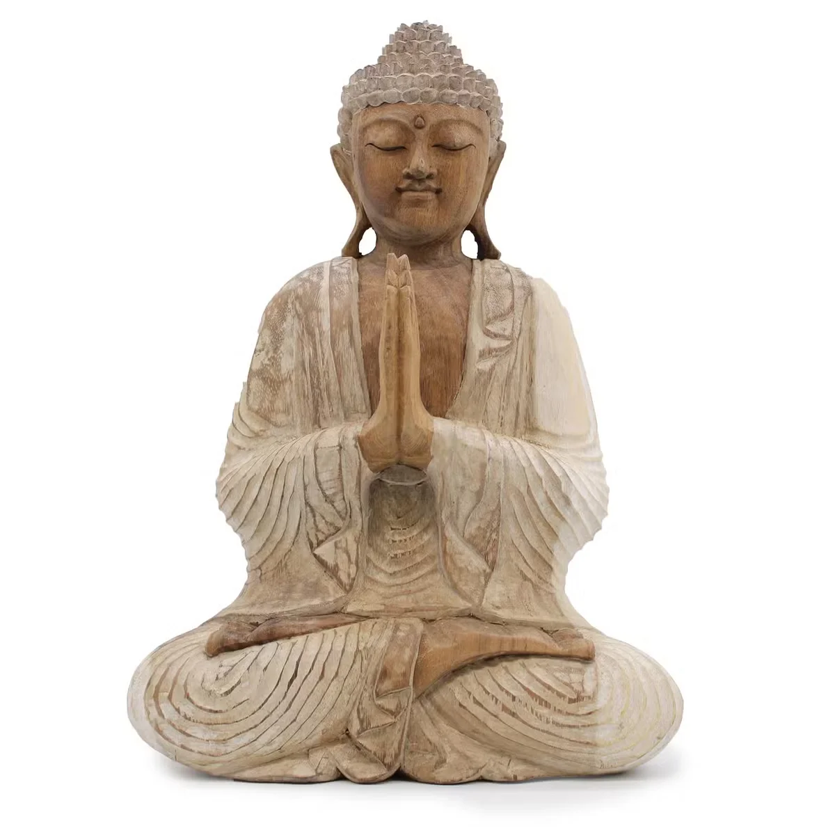 Whitewashed 40cm Buddha ornament indoor statue with serene facial expression and welcoming pose on plain background