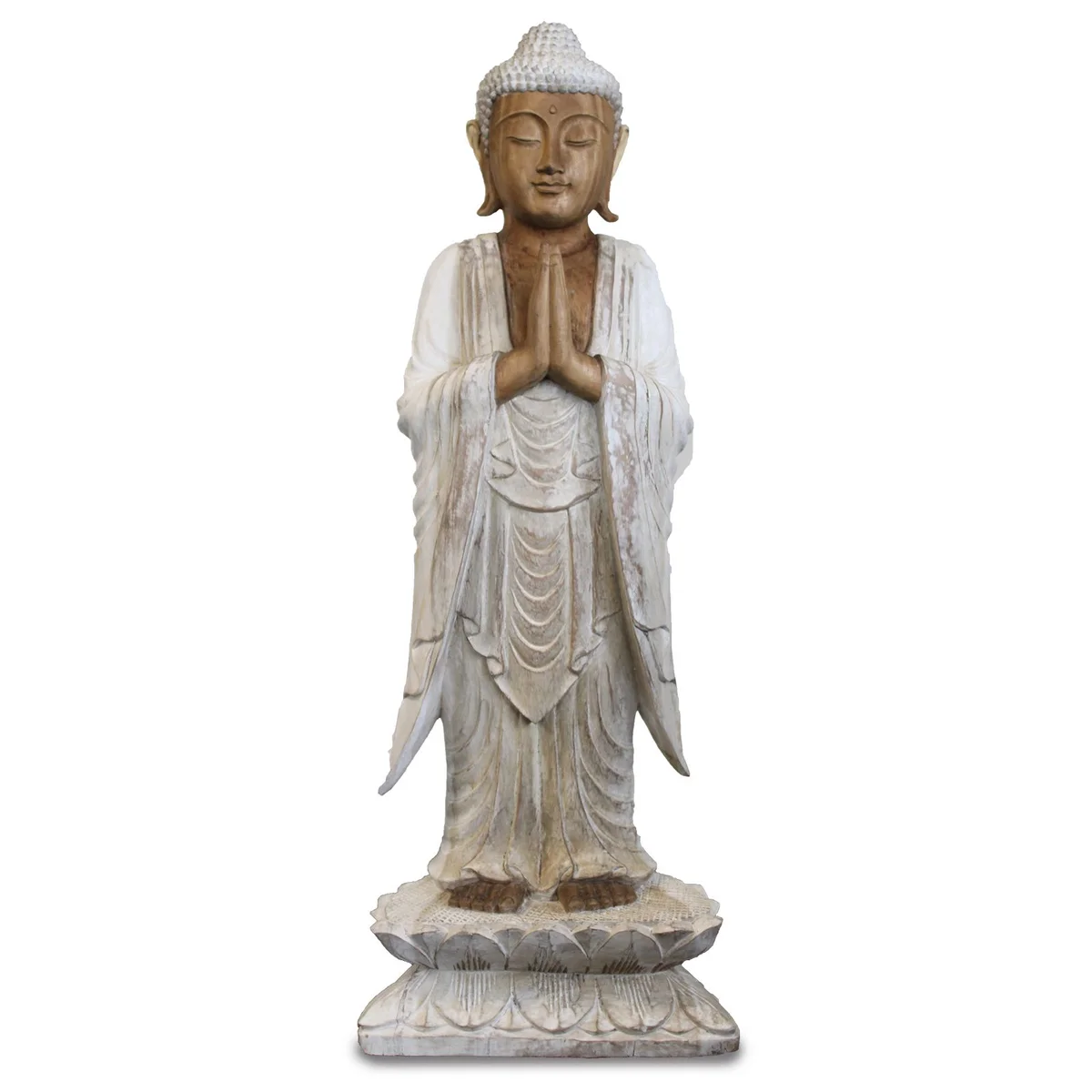 Buddha statue standing in whitewash finish, 1 meter tall, welcoming pose on plain background
