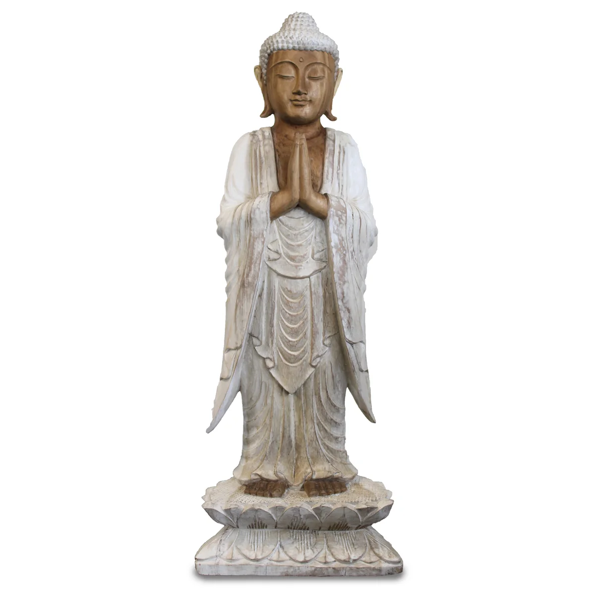 1m Buddha ornament standing in whitewash finish with welcoming posture on a plain background