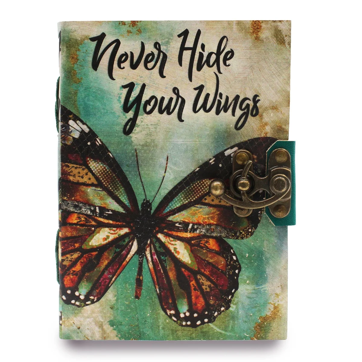 Leather notebook with deckle edges and "Never Hide Your Wings" embossed on the cover, size 7x5 inches