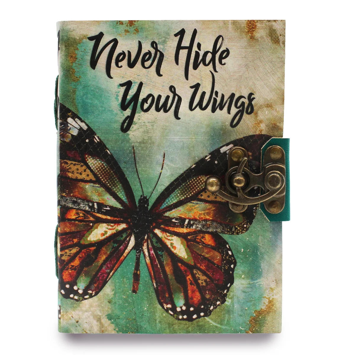 Leather 7x5 notebook with deckle edges and "Never Hide Your Wings" embossed on the cover, closed view