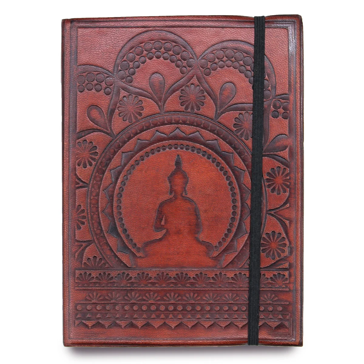 Small notebook with strap featuring a colorful Tibetan Mandala design on the cover, closed and flat on a white background