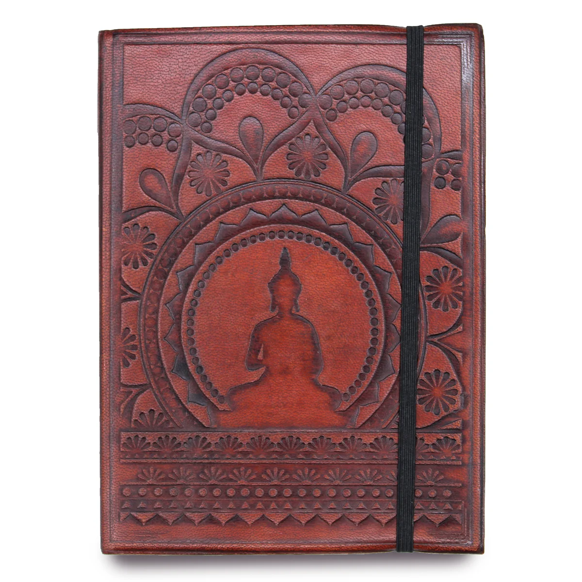 Compact strap notebook featuring a Tibetan Mandala design on the cover, small size ideal for portability and notes