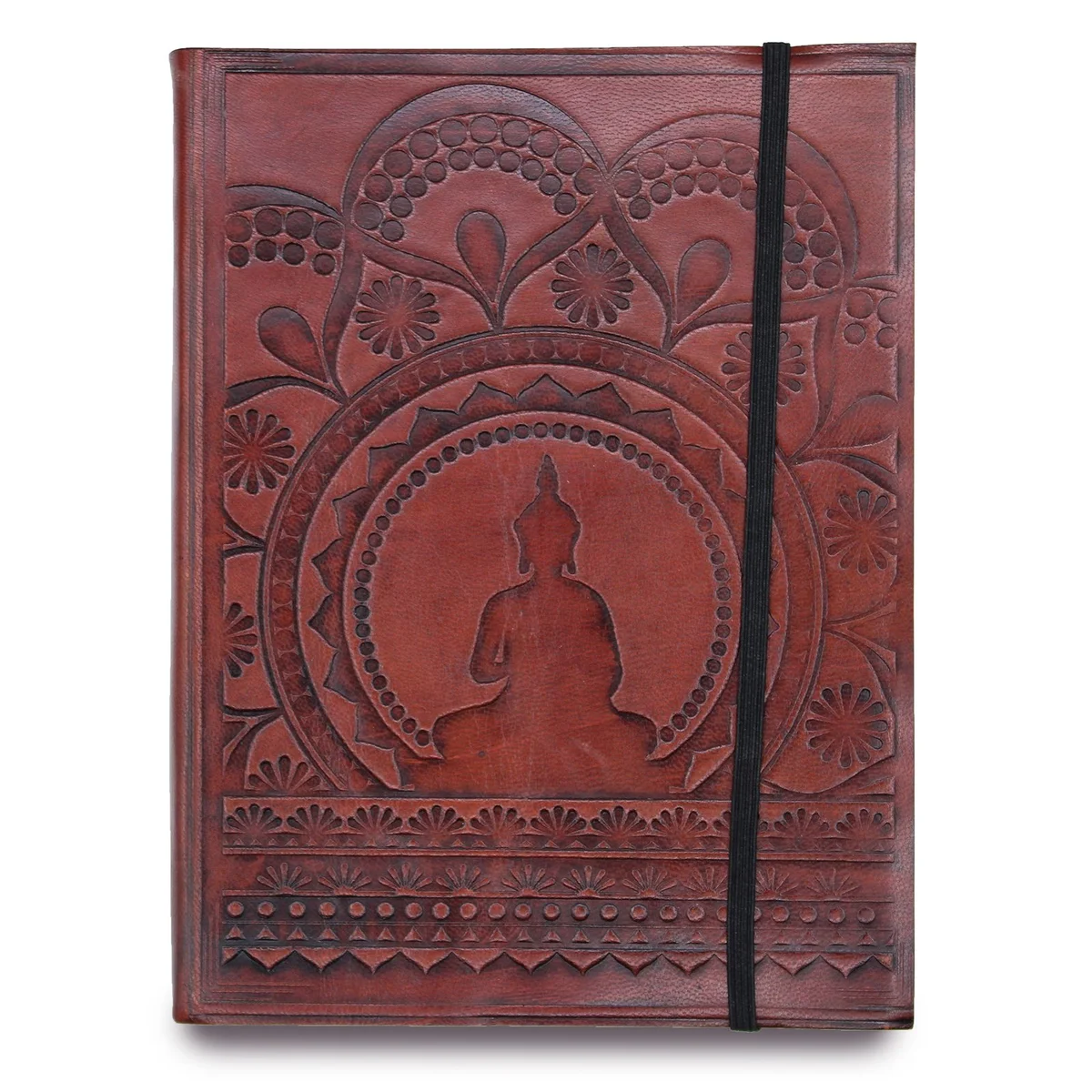 Medium notebook with a Tibetan Mandala design on the cover and a strap closure on the side