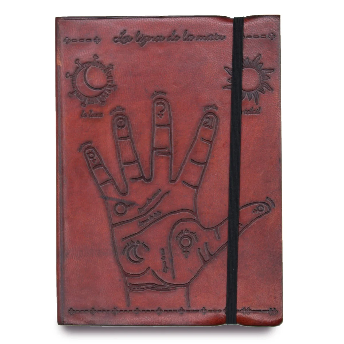 Small notebook with strap featuring palmistry design on cover, closed and displayed on white background