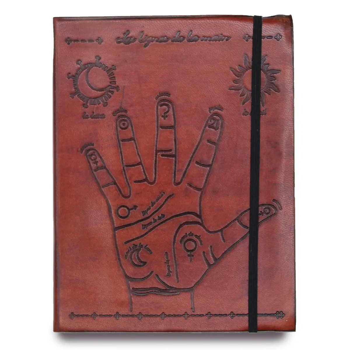 Medium palmistry notebook with strap, closed, showing cover design and textured surface on white background