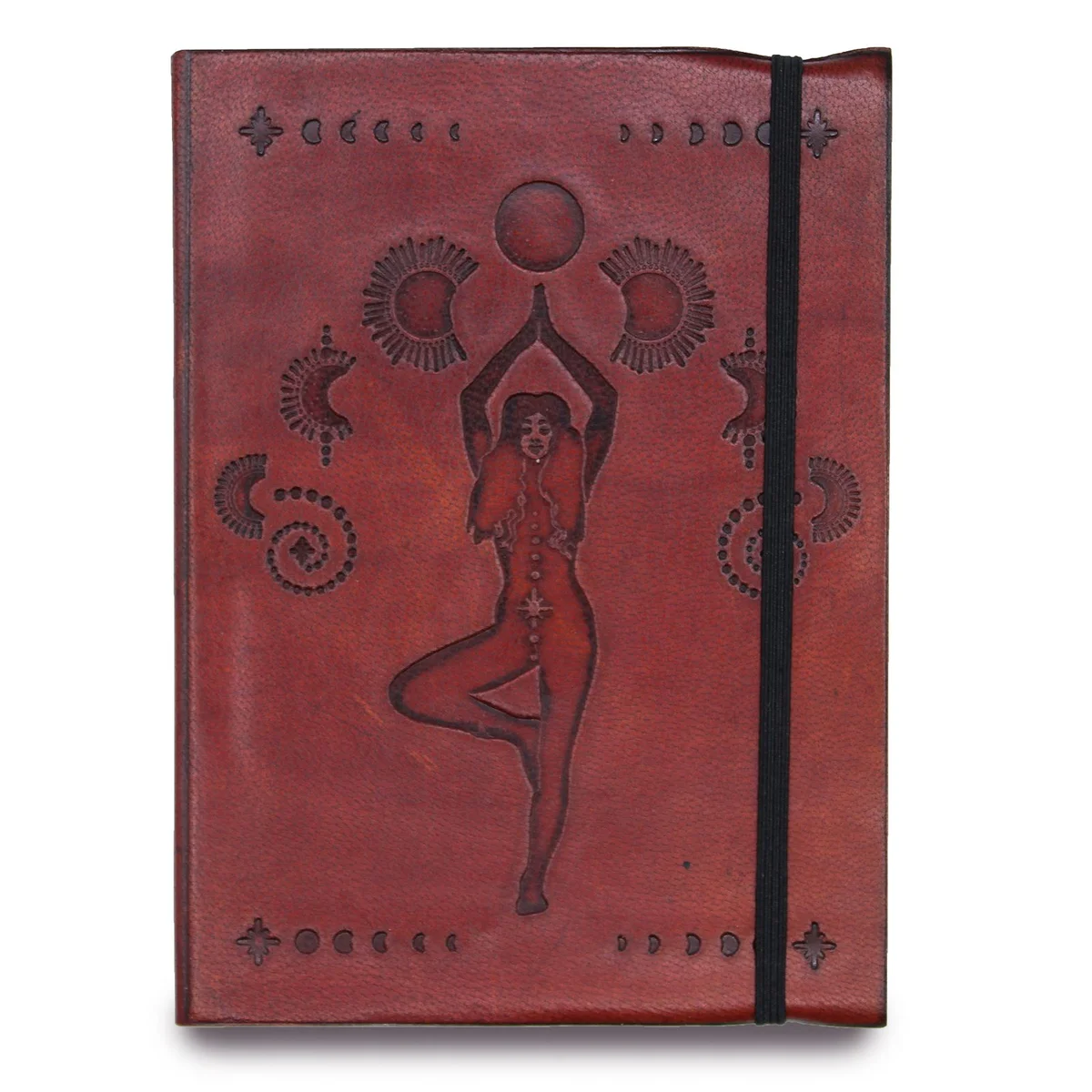Small notebook with a cosmic goddess design on the cover and a strap closure, ideal for notes and journaling