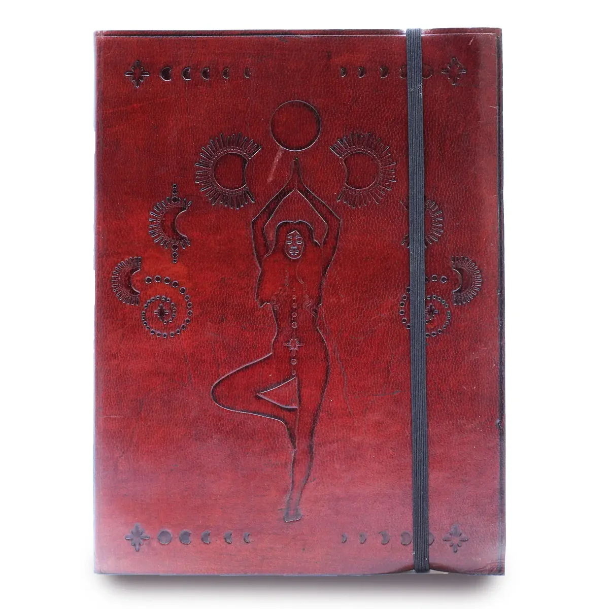 Medium notebook with strap featuring cosmic goddess design on cover, ideal for note-taking and journaling