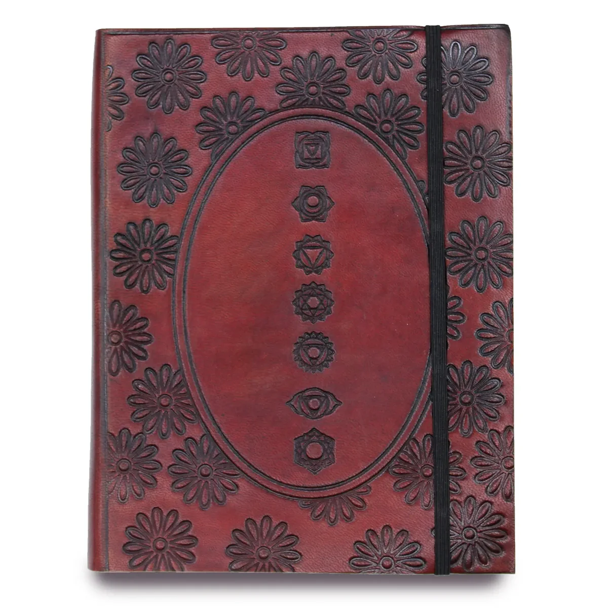 Medium chakra mandala notebook with strap featuring colorful circular mandala design on the cover